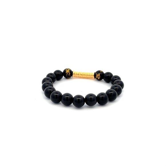 18K Gold Tube Lucky Charm Bracelet Gemstones Black Carved Onyx 8mm - Picture 5 of 5